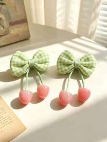 2pcs/Set Girls' Burgundy Cherry Hairclips, Vintage Sweet Bow Side Clips, Versatile Hair Accessories For Parties And Occasions - Multicolor - View 13