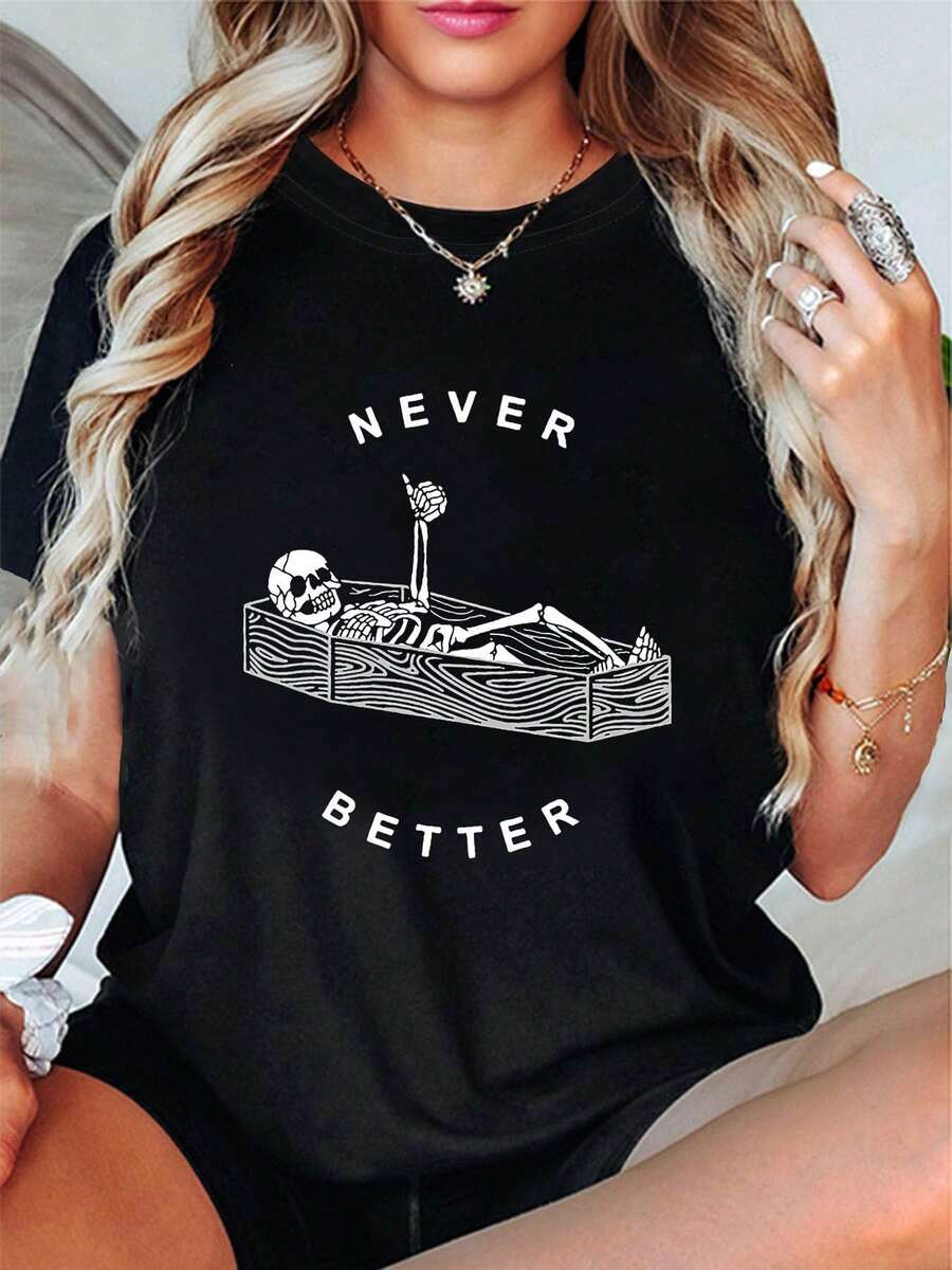 1 camiseta de mujer de talla grande, estilo casual, cuello redondo, para primavera/verano, con estampado de una calavera en un cofre y el pulgar levantado con la frase "NEVER BETTER", 180g, 100% algodón. - Negro - Ver 1