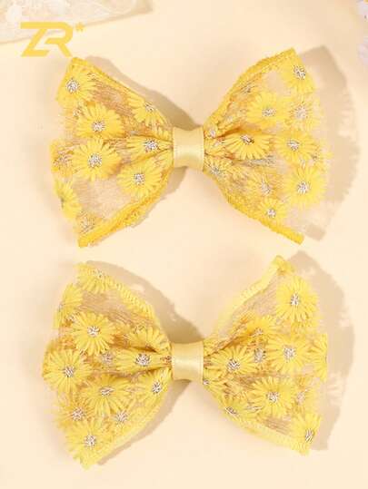 2pcs Yellow Daisy Embroidery Lace Hair Bow Clips,Alligator Clips,Exquisite Spring Summer Versatile Hair Bows,Embroidered Daisy Bow Barrettes,Pastoral Style Hairpins,Women Hair Accessories For Wear