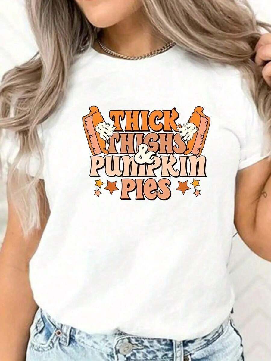 1 Piece Of Halloween Pumpkin Pie Print T-Shirt With Lettering, Casual Short Sleeve Top With Round Neck, Suitable For Spring And Summer, Women's Clothing, 180g 100% Cotton. - 白色 - 查看 1