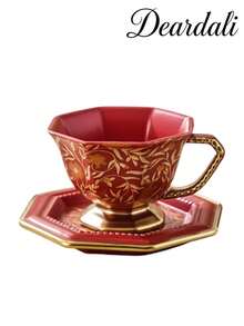 DearDali 1 Set 220ml Vintage Gilded Ceramic Cup & Saucer, European Palace Style Luxury Octagonal Design Gold-Rimmed Mug, Home Decor, Couple/Best Friend Gift, Coffee/Tea Cup - Multicolor - View 14