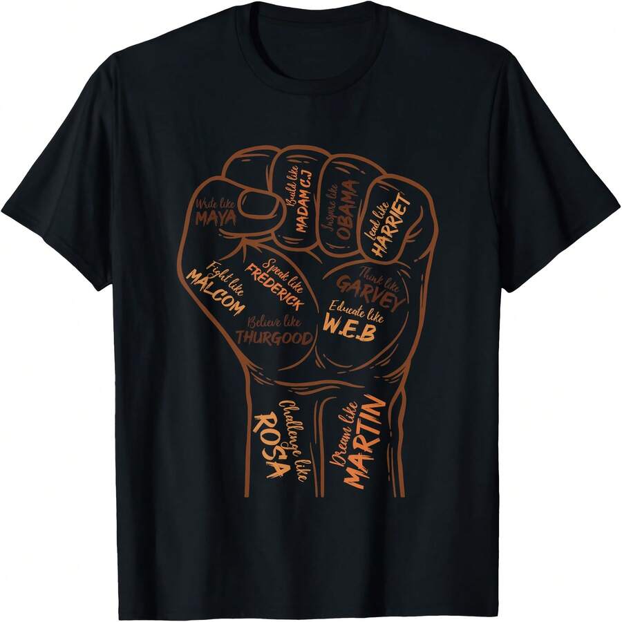 220g 100% Cotton - Power Fist Hand Inspiring Black Leaders Black History Month T-Shirt - 黑色 - 查看 1
