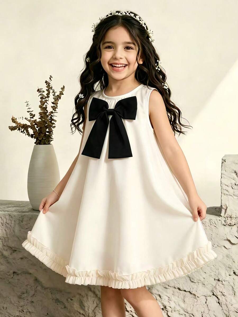 Vestido de princesa sin mangas con contraste blanco y negro y decoración de lazo, para verano - Albaricoque - Ver 1
