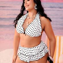 Swim Mod Plus Size Women 2pcs Black Polka Dot Print Halter Tie Sexy Beach Vacation Bikini Swimsuit - Azul Marino - Ver 5
