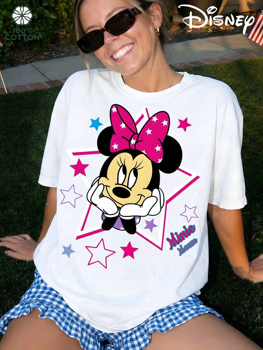 Disney 100% Cotton T-Shirt Featuring A Minnie Mouse Print; A Comfortable, Breathable And Versatile Summer T-Shirt With A Round Neck And Short Sleeves; A Street-Style Fashion Piece Suitable For Both Men And Women; An Excellent Choice For A Gift.Disney T Shirt, Disney - 白色 - 查看 1