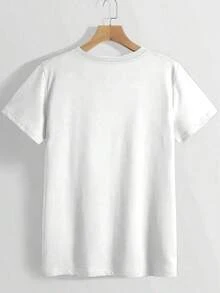 1 pieza. Camiseta de algodón puro para mujer con cuello redondo, estampado de anime con letras a la moda y acabado vintage envejecido. Diseño sencillo, cómoda y transpirable, esencial y versátil, adecuada para uso diario informal, muestra un estilo natural y elegante, esencial para fiestas de verano, entrega local, conjuntos de verano para mujer, tops 100% algodón. - Blanco - Ver 2