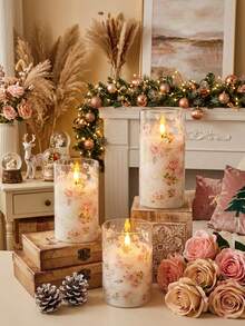 3/6-Piece Transparent Rose Pattern Flameless LED Pillar Candles | Remote Control & Battery Powered | 3D Dimmable Flickering Warm Wick | Romantic Atmosphere Lamp For Photos | Festival, Home & Room Decoration | Diameter 3 Inches * Height 4/5/6 Inches - 暖白光 - 查看 5
