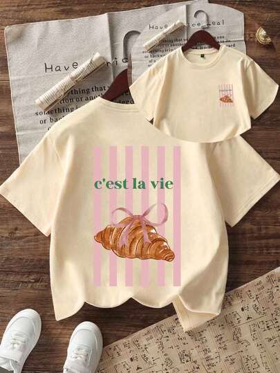 Teen Girl "C'est La Vie" Croissant Print Soft Comfortable T-Shirt, Suitable For Outdoor Sports, Casual Daily Wear, Street & Campus Style, Fashionable For Girls In Spring And Summer