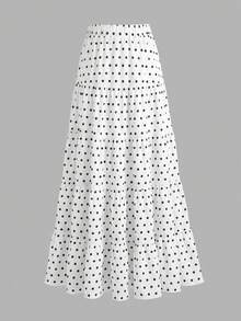 Falda larga con estampado de lunares EARO para mujer, diseño de cintura elástica, tela casual sin estiramiento, adecuada para uso diario blanco vacaciones - Blanco - Ver 2