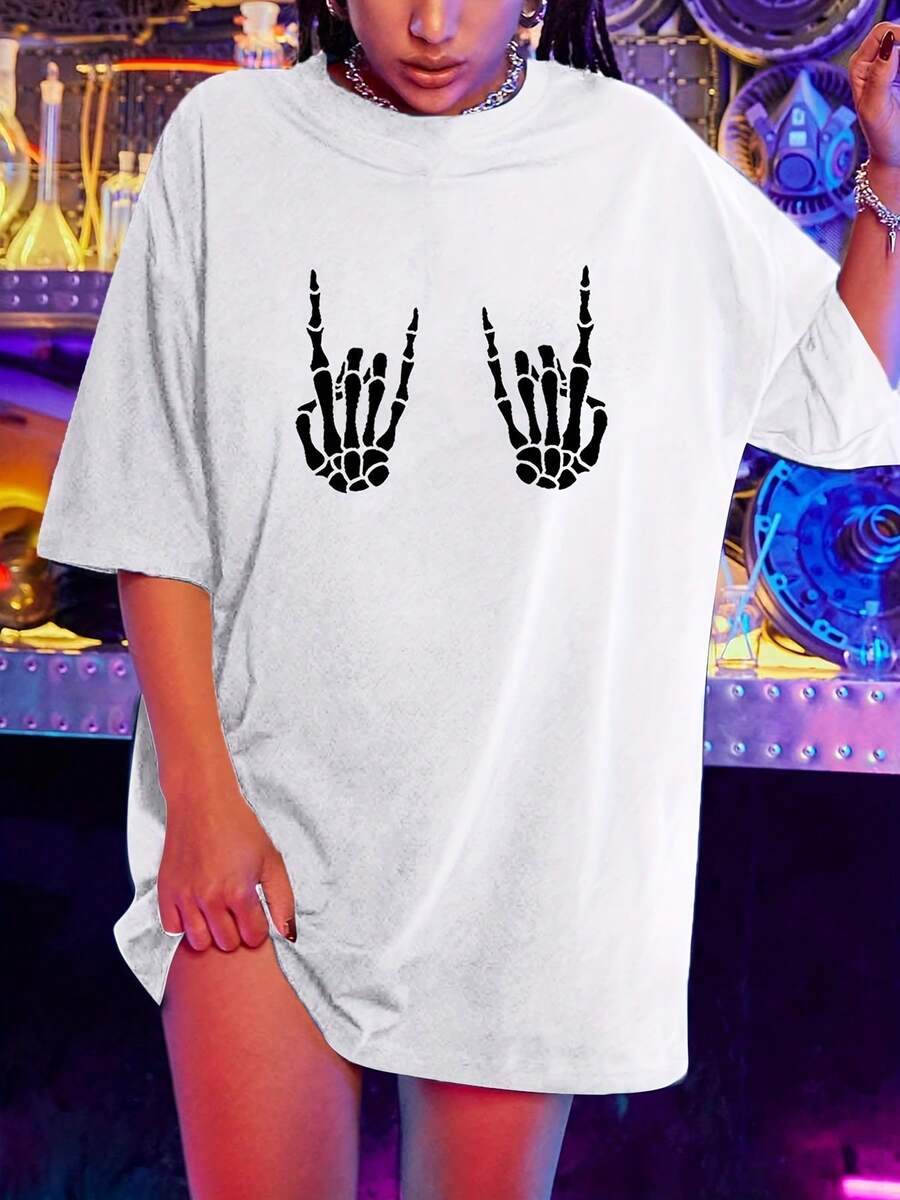 Camiseta de cuello redondo con estampado de calaveras, camiseta de verano de moda, holgada y de manga corta, ropa de mujer, playeras de mujer. - Blanco - Ver 1