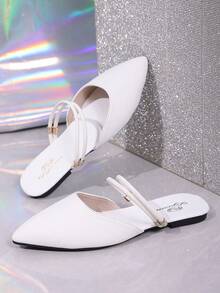 Damen Ballerinas mit spitzer Zehenpartie, lässig modisch vielseitig, mit dünnem Riemen und Metallschnalle, weiches PU-Material, Slip-On Schuhe, elegante Alltags-Büro-Ballerinasandalen - Weiss - Übersicht 9