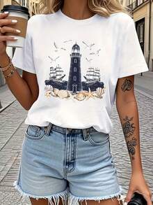 Women's T-Shirt With Lighthouse, Seagull And Boat Prints, Comfortable Fit, Casual Short Sleeve Top, Geometric Coastal Design In Navy Blue, Machine Washable For All Seasons, Comfortable For Everyday Wear, Coastal Themed T-Shirt, Women's Solid Color T-Shirt With Bold Black Bow Print, Comfortable Fit, 100% Cotton. - 白色 - 查看 7