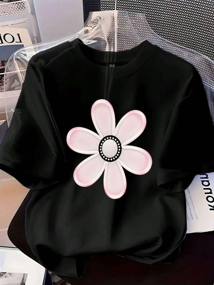 Camiseta de moda para mujer de manga corta con estampado floral rosa fresco, estilo de dibujos animados bonito, cuello redondo, top casual para toda temporada