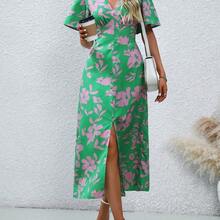 Women's Elegant Chic Minimalist High-End Casual Dress, Suitable For Office, Commute, Beach, Music Festival, Afternoon Tea, French Riviera Style, With Leopard Print, V-Neck, Waist Tie, Button Decor, A-Line Hem, Split, Puff Sleeve, Mid-Length - Azul - Ver 5