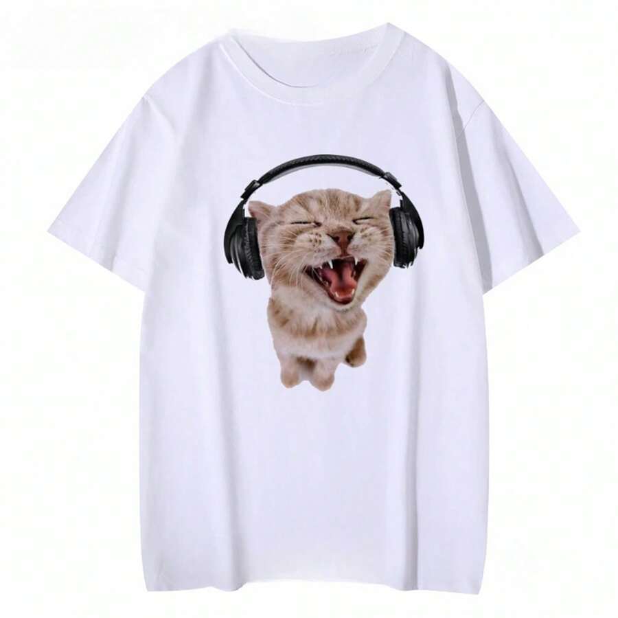 Cute Short-Sleeved T-Shirt For Women With A Print Of A Happy Cat With Headphones, Casual Regular Length Knit Top With A Slight Stretchy Touch For Everyday Wear. - 白色 - 查看 1