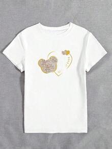 Women's Casual Round Neck Short Sleeve T-Shirt With Faux Pearl Trim, Bear Print And Graphic Slogan Design, HWEN JQMA Blouses For Women - 白色 - 查看 3