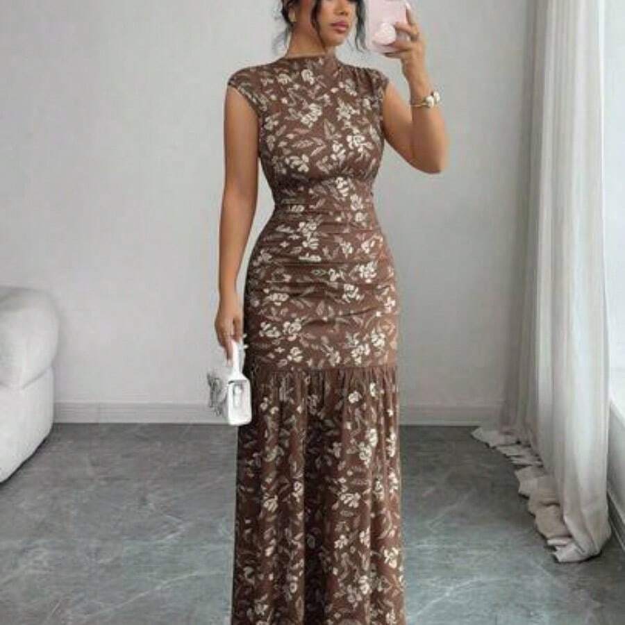 Elenzya Yellow Printed Ruched Waist Slit Elegant Dress For Women - Café integral - Ver 1