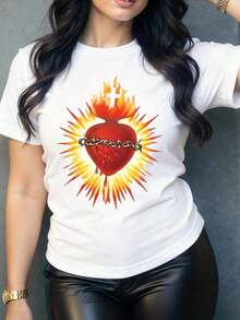 Camiseta de mujerCamiseta de Mujer con Estampado Gráfico de Corazón Sagrado, Diseño Original y Moderno, Ideal para un Look Casual con un Toque de Estilo, Disponible en Varias Tallas y Colores.Cómoda y ligera - Blanco - Ver 12