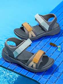 1 par de sandalias planas de color simple con diseño de cierre de gancho y bucle tejido, cómodas y frescas, unisex, adecuadas para usar en verano - Gris - Ver 6