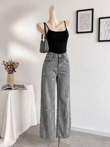 Quần jeans nữ màu xám kiểu dáng thường ngày, có đai, đính sequin bạc lấp lánh, phong cách thời trang đường phố Y2K, phù hợp cho các bữa tiệc, tụ họp, lễ hội âm nhạc. - Xám - Xem 8