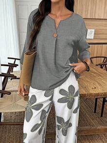 Conjunto de camisa de unicolor y pantalones con estampado floral para vacaciones - Multicolor 4 - Ver 5