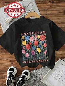 Camiseta Unisex de Algodón con Cuello Redondo y Manga Corta, Estampado de Palabras "Tulip Market AMSTERDAM FLOWER MARKET", Estilo Fresco - Negro - Ver 7