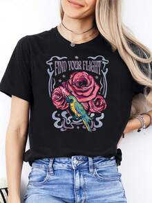 Women's Short-Sleeved T-Shirt, Round Neck, Casual And Modern Style For Mother's Day | Original Parrot And Rose Design, Ideal As A Gift For Friends And Family - 黑色 - 查看 11