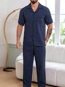 Set pigiama casual da uomo a 2 pezzi con camicia a maniche corte e pantaloni a stampa quadri, abbigliamento comodo per la casa, adatto per primavera/estate - Multicolore - Visualizzare 6