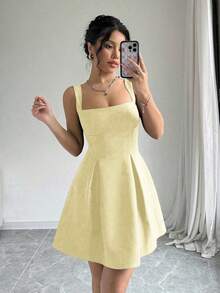 Vestido de vacaciones corto, unicolor, con cintura baja y estilo casual de verano para mujer - Albaricoque - Ver 1