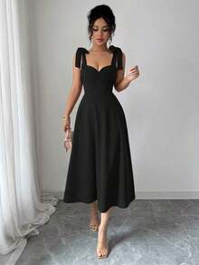 elegante y romántico para mujer con lazo decorativo en la cintura y corte evasé sin mangas - Negro - Ver 1