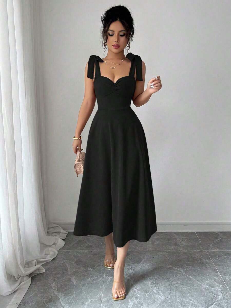 elegante y romántico para mujer con lazo decorativo en la cintura y corte evasé sin mangas - Negro - Ver 1