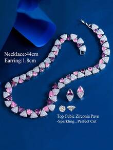 1 Set Women Chic Purple Pink Geometric Triangles Cubic Zirconia Tennis Choker Necklace Stud Earrings Silver Plated CZ Crystal Jewelry Set For Wedding Party - Purple - View 9