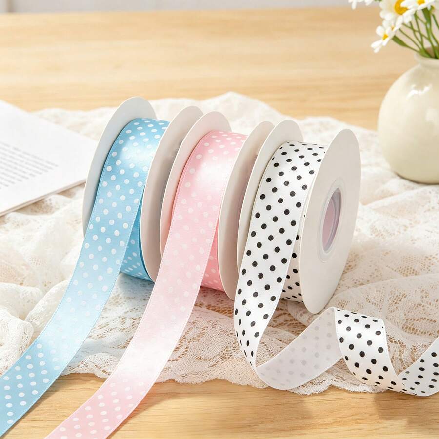 5 Yards 2.5cm Wide Polka Dot Satin Ribbon, Macaron Color Printed Ribbon, DIY Craft Supplies, Gift Wrapping, Flower & Bow Tie (Excluding Paper Tube) - Multicolor - View 1