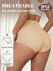 MEIYATING 3pcs Plus Size Women Cotton High Waist Slimming Panties With Symmetrical Line Design, Fashion English Graphic Print Triangle Briefs For Daily Wear - Multicolor - View 3