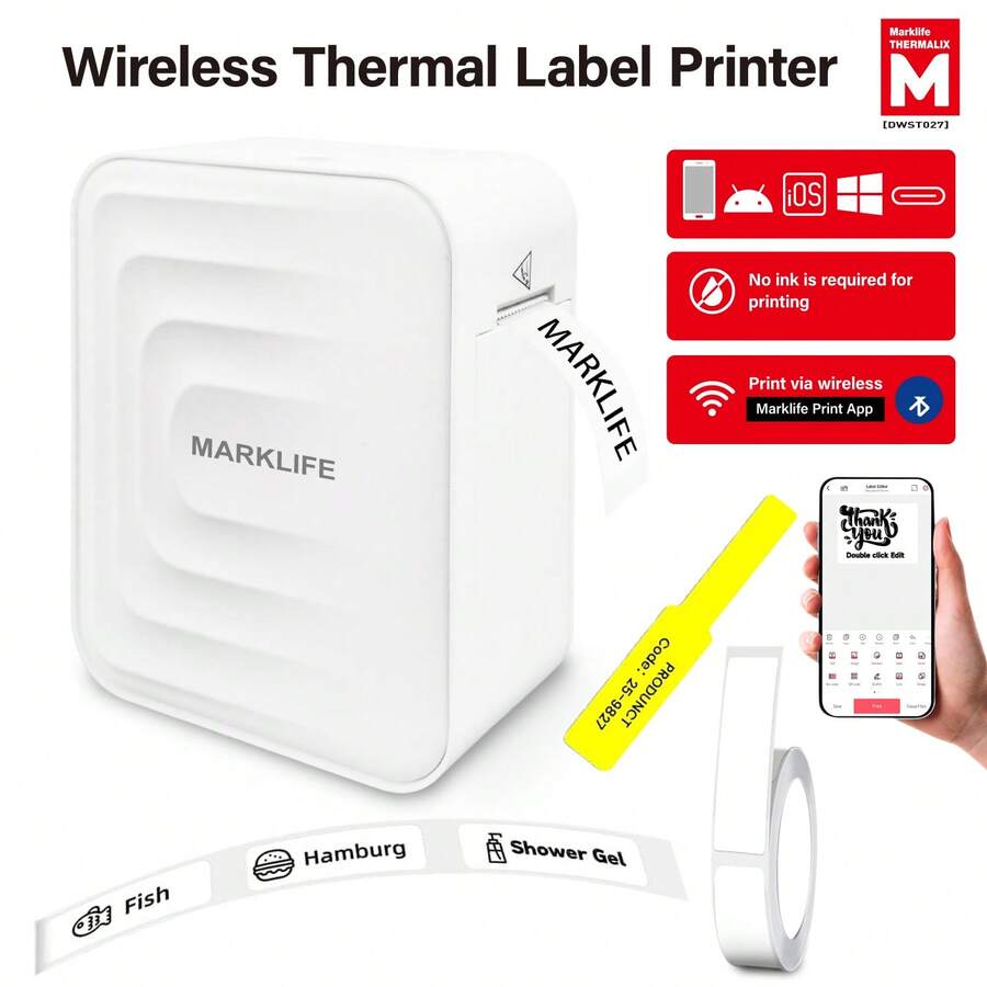 Marklife M1 Mini Label Printer, Bluetooth Label Printer, Wavy Texture, With Label Tape, Suitable For Smartphone Label Printing, Easy To Use, Suitable For Children, School Supplies, Home, Business Office Supplies, Convenient Organization (Rechargeable)
