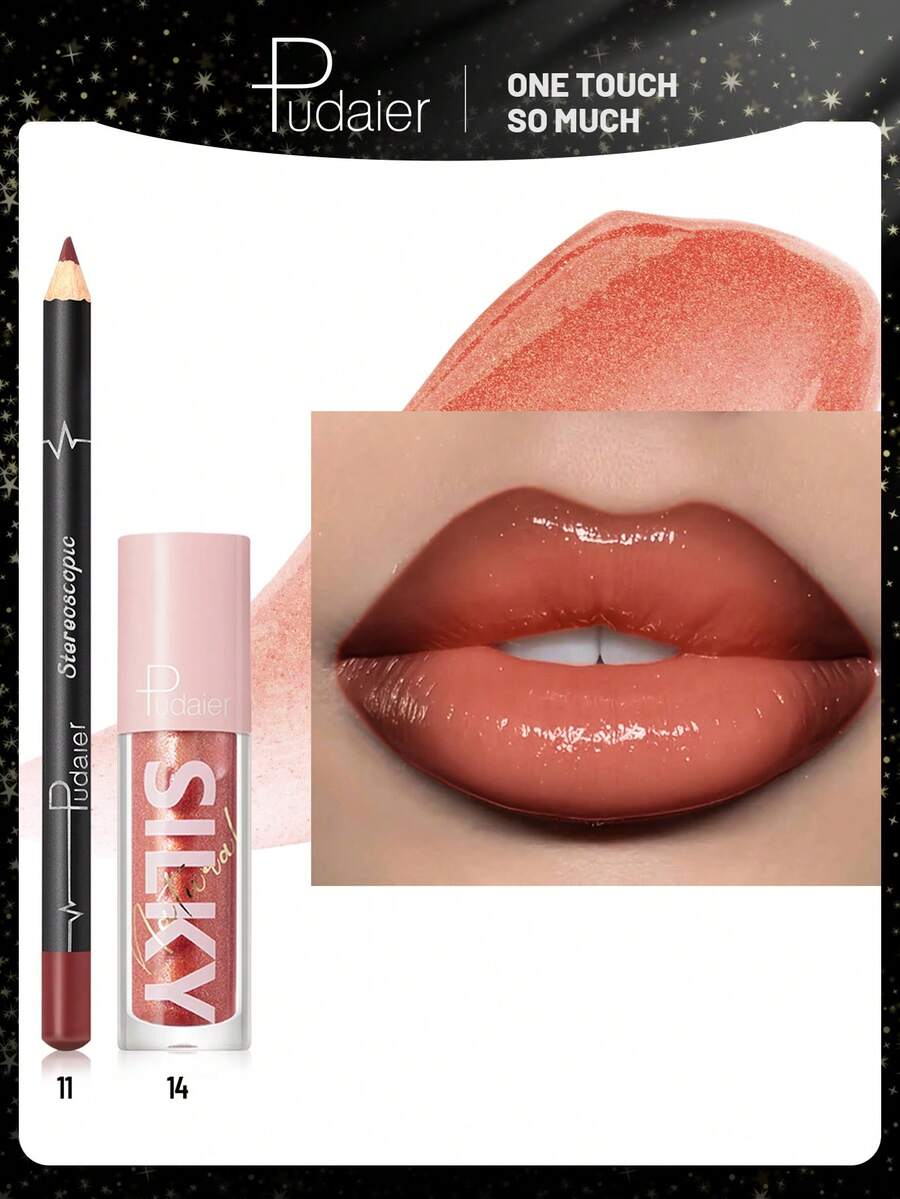 Pudaier 2-In-1 Lip Set: Moisturizing Lip Liner Pencil And Lip Gloss | Waterproof And Smudge-Proof, Defines Lip Shape, Universal Shades | Great Valentine's Day Gift - 11+14 - View 1