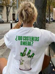 Camiseta de manga corta para mujer con estampado divertido de cerveza, top casual de cuello redondo, adecuada para el verano, fiestas, vacaciones, estilo urbano, blanca, 100% algodón, blusas de mujer, camisetas de algodón para mujer. - Blanco - Ver 4