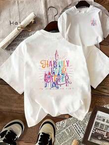 [Double-Sided Print] Casual Short-Sleeve Crew Neck T-Shirt With Colorful Castles And Fireworks Print And The Text "HAPPILY EVER AFTER". Suitable For Women's Spring And Summer Wear, 4th Of July Outfits, World Cup Match Day. Soft And Lightweight T-Shirt, Easy To Match With Any Outfit. 100% Cotton Graphic T-Shirt For Women, Brokey Y2K Streetwear Style, Crew Neck, Loose Fit. - 白色 - 查看 7