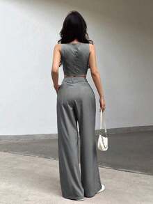 2 piezas Conjunto casual de chaleco corto de mujer sin mangas de doble botonadura y pantalones anchos plisados - Gris 2 - Ver 2