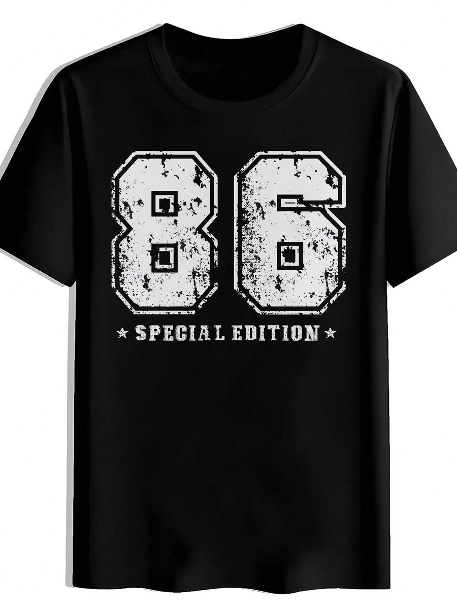 Camiseta de hombre negra con estampado y la inscripción blanca "86 SPECIAL EDITION" - diseño de imitación vintage, cuello redondo, manga corta, camiseta casual de verano, corte regular, adecuada para uso informal, camiseta vintage, blusas para mujer, blusas, tops para mujer, unisex. - Negro - Ver 1