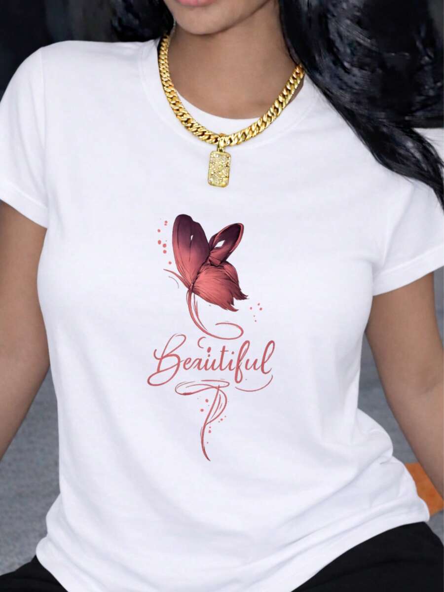 Short-Sleeved T-Shirt With A Purple Butterfly Print, Stylish Crew Neck Design, And Modern Fonts-Perfect For Casual Outings. Pair It With Jeans And Accessories For A Relaxed And Stylish Look. IBPH - 白色 - 查看 1