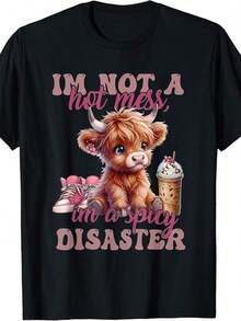 Camiseta de mujer, linda camiseta rosa con estampado de vaca de las Highlands, estilo vintage, cuello redondo, tela ligeramente elástica, corte regular, perfecta para adultos. - Negro - Ver 5