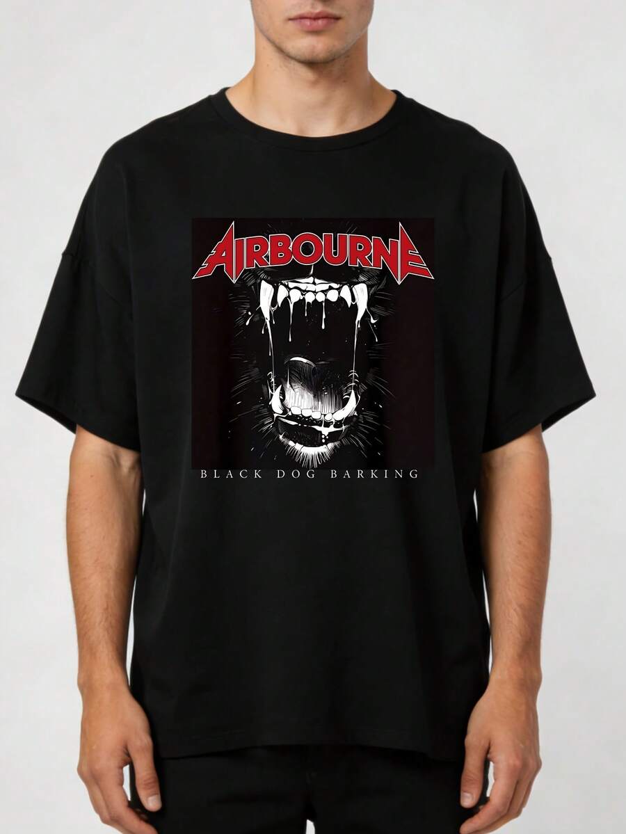 Camiseta Vintage de la Banda Airborne con Gráfico de Perro Negro Ladriendo - Camiseta Unisex de Estilo Urbano de Tejido Grueso, con un Impresionante Logotipo Rojo y Blanco, Ajuste Cómodo con Ligera Elasticidad, Disponible, Lavable a Máquina. Una camiseta de manga corta adecuada para el hogar, el uso diario, fiestas y viajes-perfecta como regalo para amigos o familiares. - Negro - Ver 1