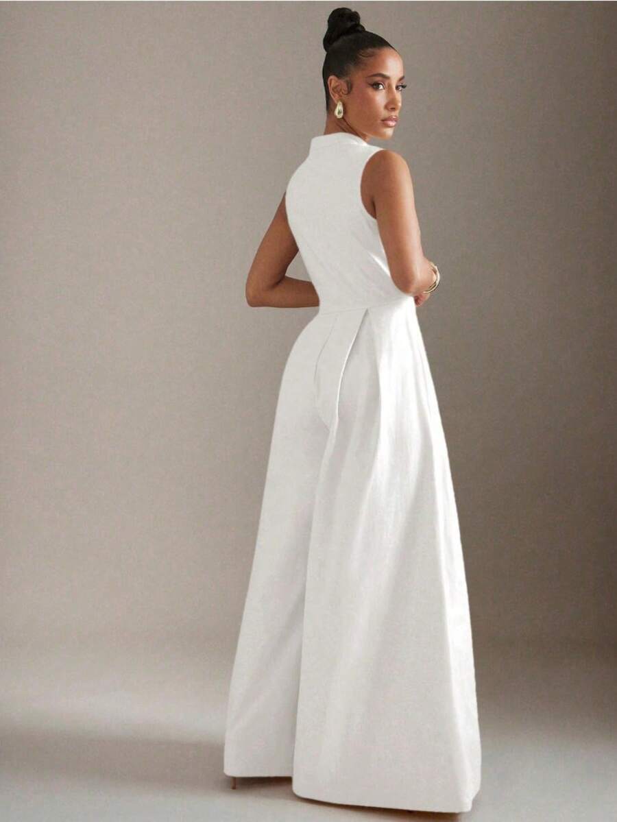 Temperamento elegante, cintura alta, mujeres de color sólido, cremallera sin mangas, mono de moda, pantalones de cercanías delgados - Blanco - Ver 1