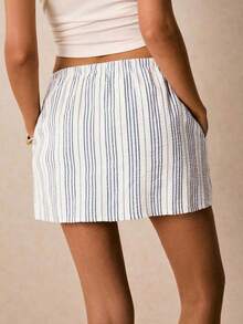 Pantalones Culotte Casuales Holgados para Mujer con Cordón Ajustable en la Cintura y Bolsillos a Rayas - Blanco - Ver 7