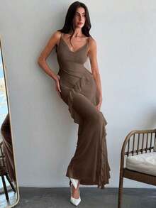 Vestido ceñido con tirantes finos, cuello drapeado y volantes para una cita romántica, para mujer.Vestidos de primavera/verano, regalo del Día de San Valentín, cita nocturna de San Valentín, "Sé mi Valentín", propuesta - Marrón - Ver 5
