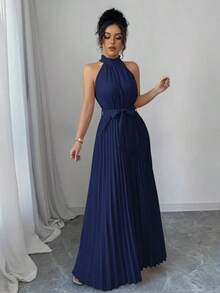 Vestido de línea A con cuello con volantes y cintura plisada, elegante y romántico para el Día de San Valentín - Azul marino - Ver 4