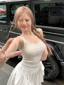 夏季新款蕾丝边蝴蝶结吊带背心，女士款，带胸垫，修身，短款 - 杏色 - 查看 3