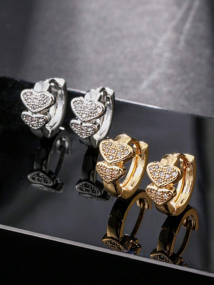 1 Đôi bông tai thời trang đính đá Cubic Zirconia lấp lánh dành cho nữ; Thiết kế hình trái tim, bông tai mạ vàng đồng; Bông tai mạ bạc, lý tưởng để đeo hàng ngày và làm quà tặng ngày Valentine. - Bông tai hình trái tim - Xem 1