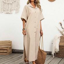 Women's Spring And Summer Striped Shirt Dress, Suitable For Vacation, Daily Casual And Lazy Style. Women's Shirt Dress, Vertical Stripe Design, Single-Breasted Lapel, Short Sleeves And Slit Hem, Vacation Wear, Daily Casual Long Skirt, Lazy Style Women's Clothing, Lazy Skirt - Albaricoque - Ver 5